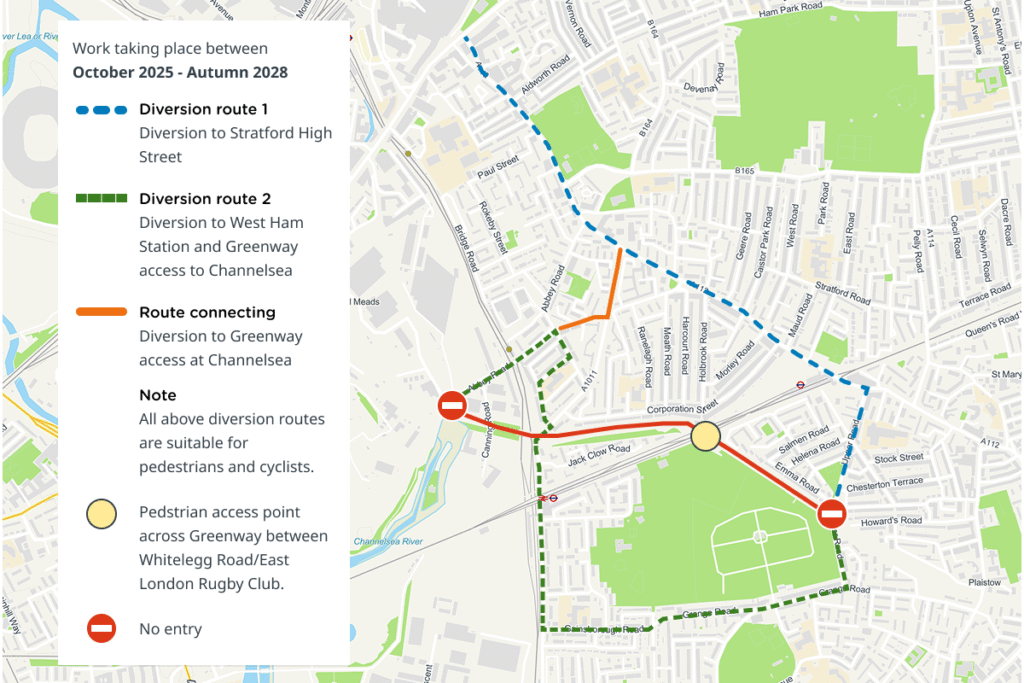 Map of Greenway diversion routes: "diversion route 1" via New Plaistow Road and West Ham Lane (A112) to connect with Stratford Broadway; "diversion route 2" (Abbey Road, Pond Road, Richardson Road, Manor Road, Gainsborough Road, Grange Road.)