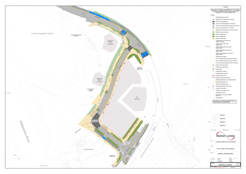 Technical drawing showing Pool Street running south and then east from Carpenters Road (with a priority cycle crossing), short section of cycle track becoming 4 metre wide shared pavement, passing behind a zebra crossing, then ending in a signalised parallel crossing of Montfichet Road joining an existing 2-way cycle track.