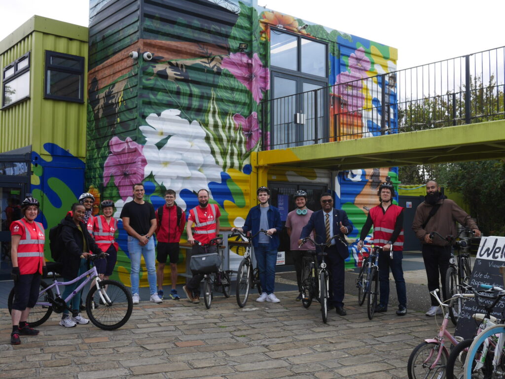 Group photo from left to right: Karen (marshal); Cllr Zahra Kehyre; Shameem (marshal); Reetta (marshal); John (marshal); Ben (marshal); Jonathan (marshal); Cllr Nate Higgins; Cllr Ren Tilbury; Cllr Mehmood Mirza; Richard (ride leader); Cllr Mirza's social media person.